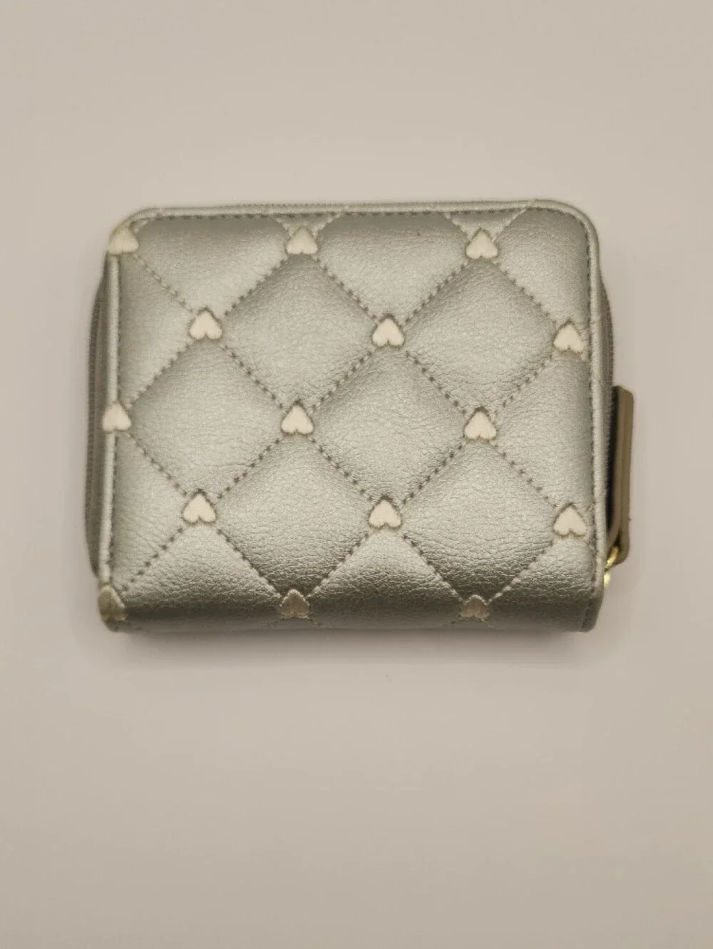 Betsy Johnson Metallic Silver Quilted Heart Zip Wallet